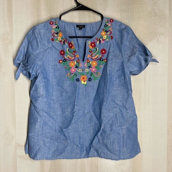 Talbots denim chambray short sleeve‎ embroidered top blouse, size medium petite - Picture 10 of 16